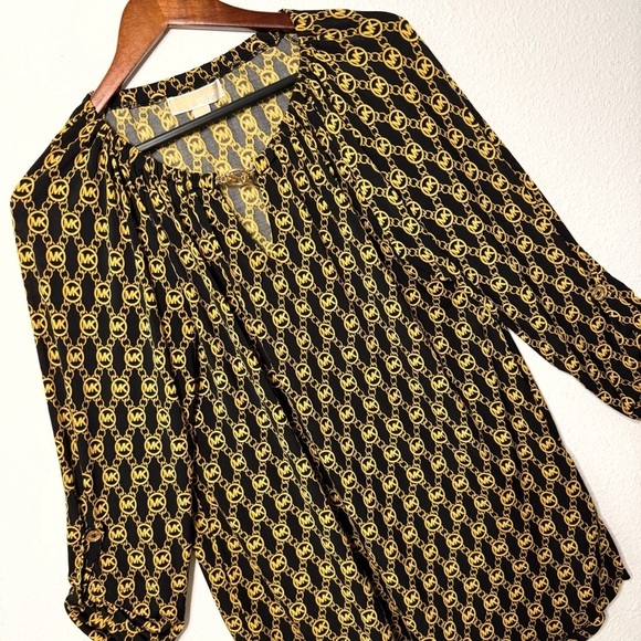 Michael Kors logo monogram black gold stretch tunic blouse top size L - Picture 3 of 10